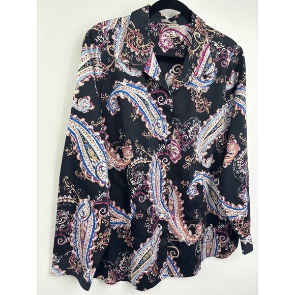Chico's No-Iron Paisley Long Sleeve Button Up Cotton Shirt Black Sz 3 (16) XL - Picture 2 of 5